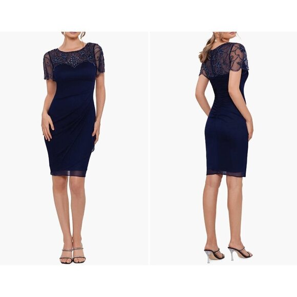 New Xscape Size 18 Beaded Short Sleeve Chiffon Sheath Dress Navy *Thread Pulls* - Picture 1 of 16